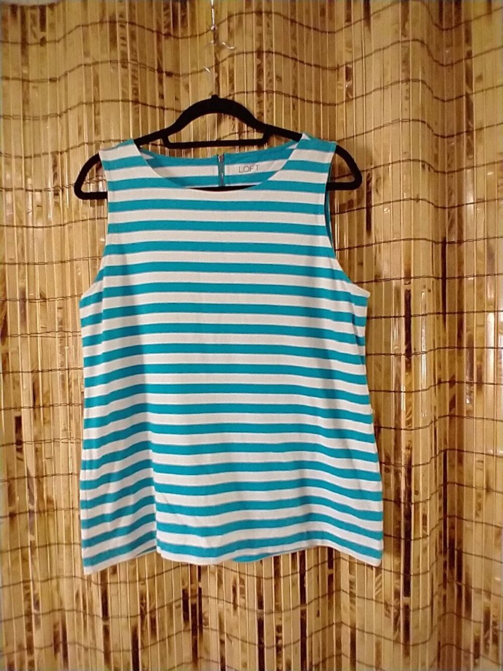 LOFT Striped Exposed Zip-Back Tank Top in Teal / Turquoise & White